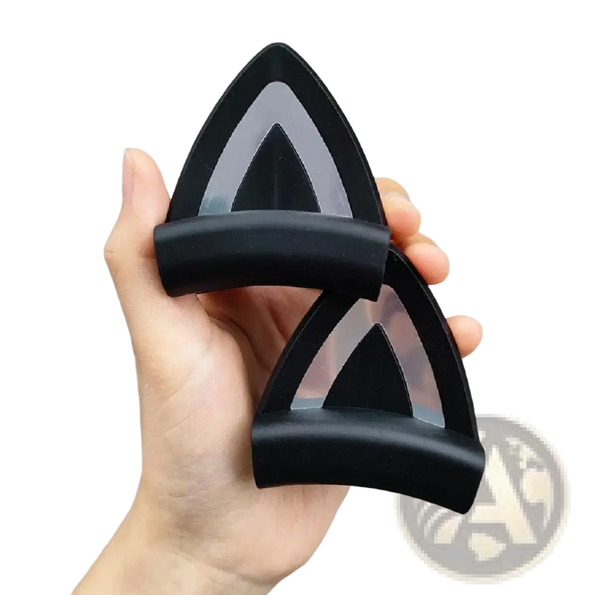Black triangular silicone cat ear headset attachment with glossy finish and translucent inner sections