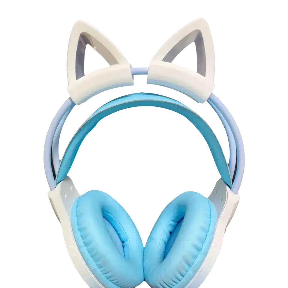Light blue and white silicone cat ear headset attachments with soft padded ear cups for comfortable audio use