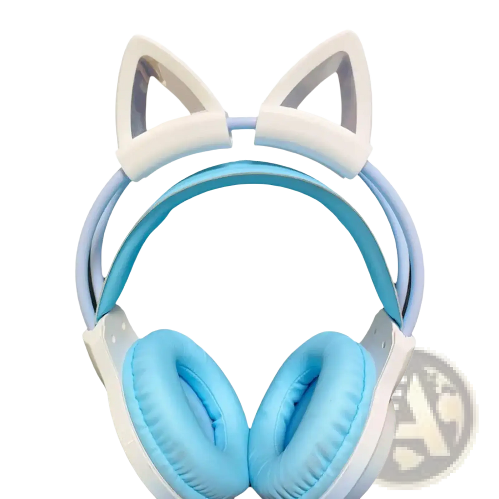 Light blue and white silicone cat ear headset attachments with soft padded earcups for comfortable wear