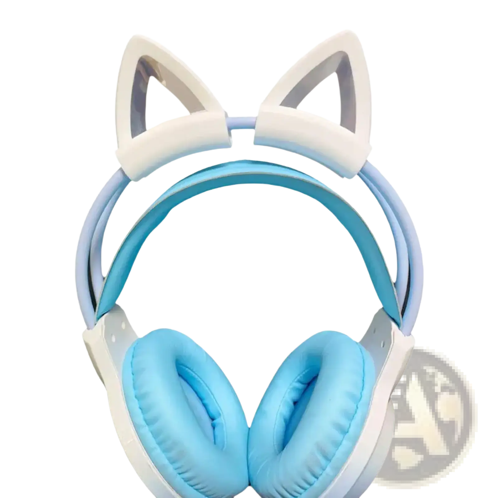 Light blue and white silicone cat ear headset attachments with soft padded earcups for comfortable wear