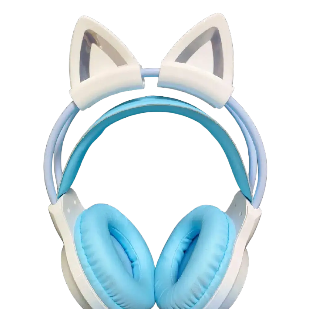 Light blue and white silicone cat ear headset attachments with soft padded ear cups for comfortable wear