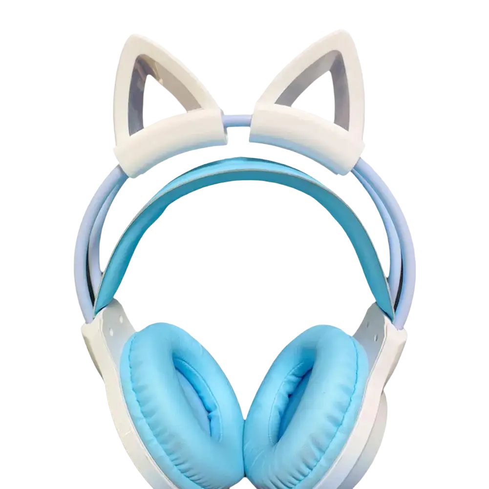Light blue and white silicone cat ear headset attachments with soft padded earcups for comfortable wear