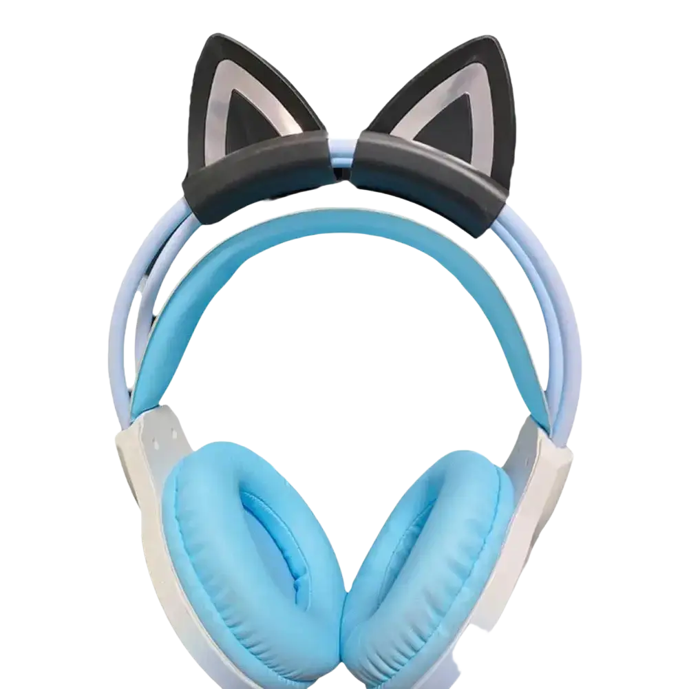 Light blue and white over-ear headphones with black silicone cat ear headset attachments on the headband
