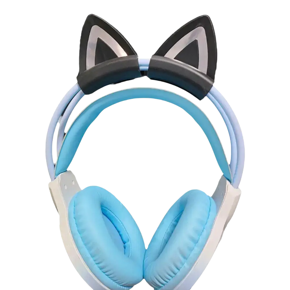 Light blue and white over-ear headphones with black silicone cat ear attachments on the headband