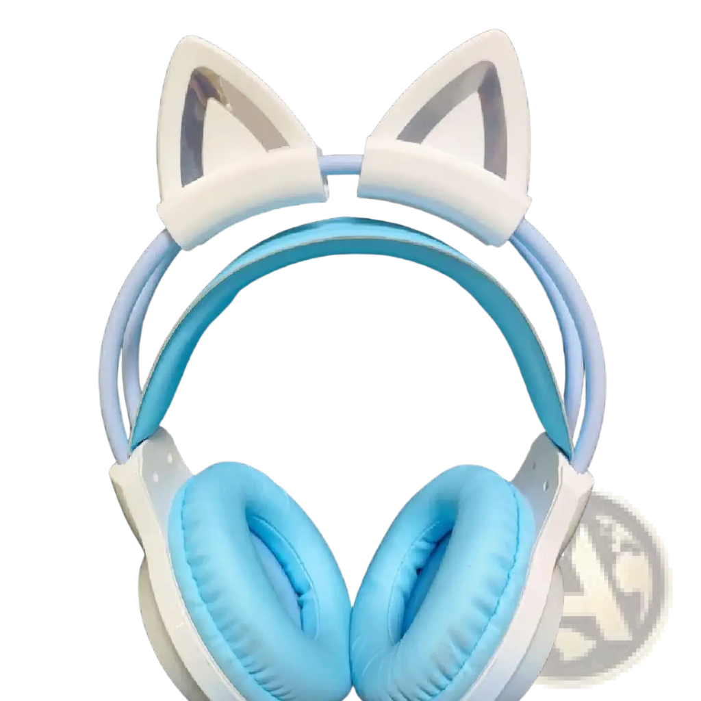 Light blue and white silicone cat ear headset attachments with soft padded ear cups for comfortable wear