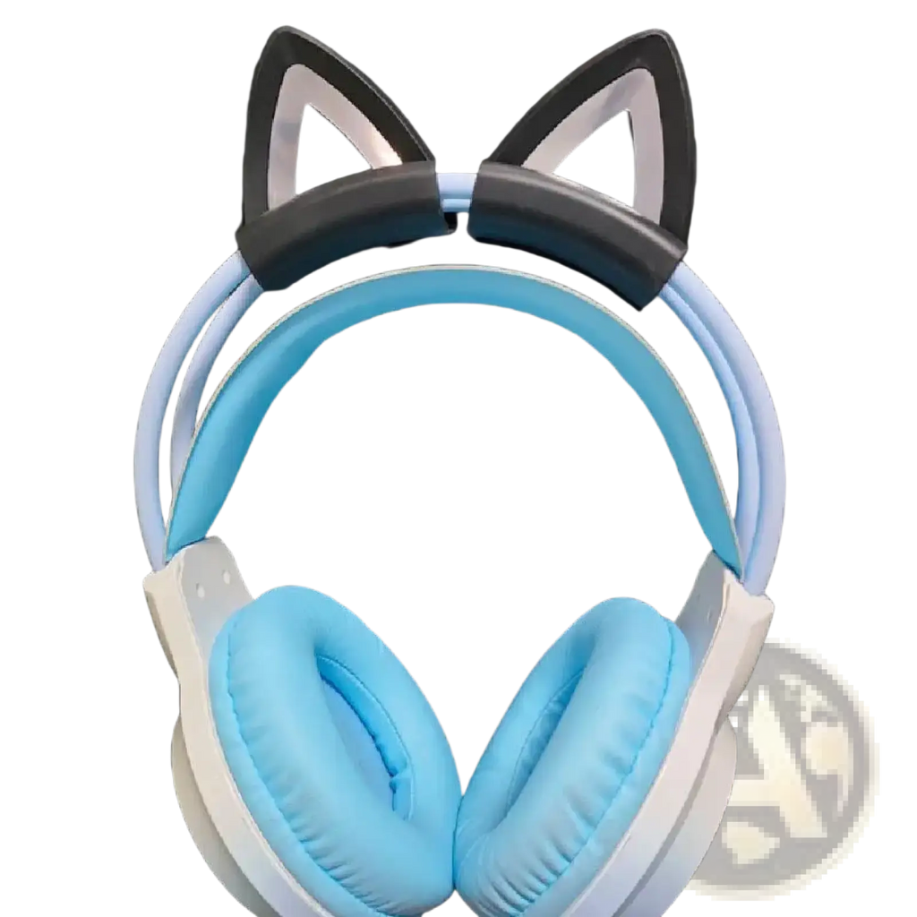 Light blue and white over-ear headphones with black silicone cat ear headset attachments on the headband