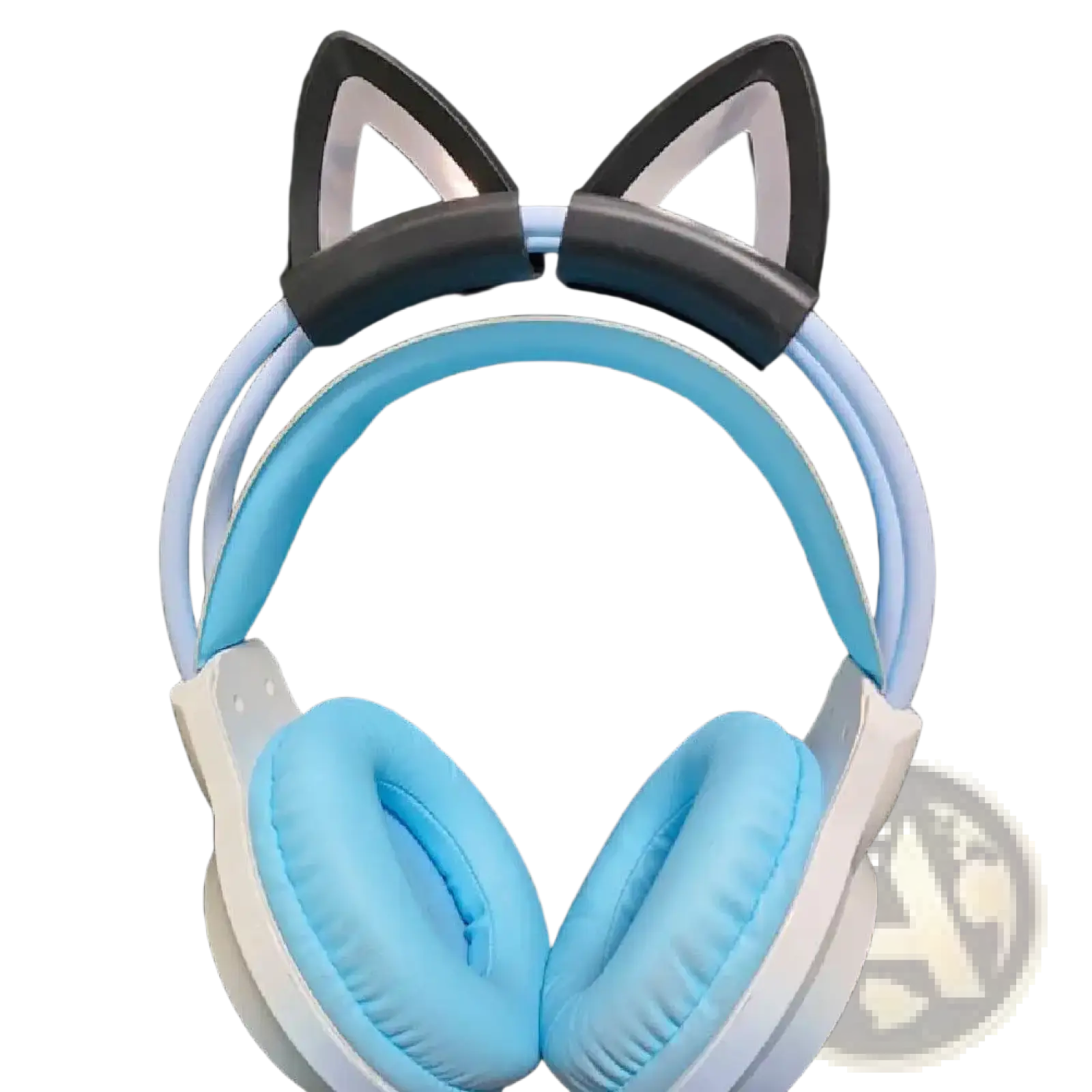 Light blue and white over-ear headphones with black silicone cat ear headset attachments on the headband