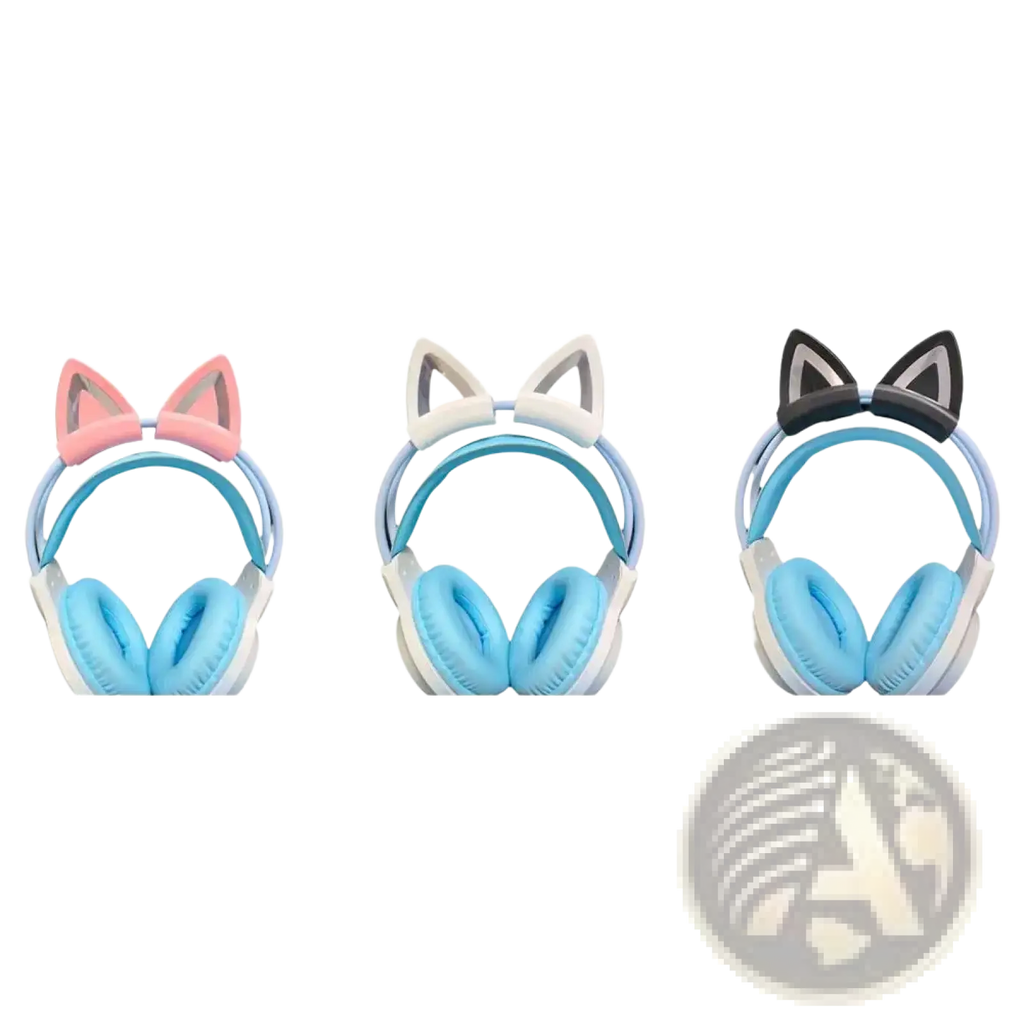 Silicone cat ear headset attachments in pastel pink white and black with soft blue earcups for comfortable wear