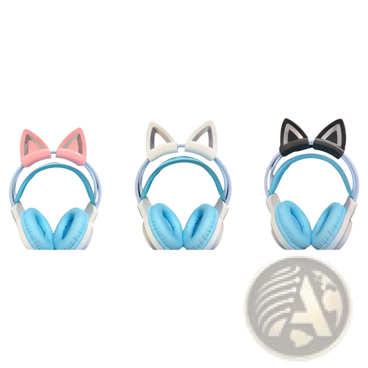 Silicone cat ear headset attachments in pastel pink white and black with soft blue earcups for comfortable wear