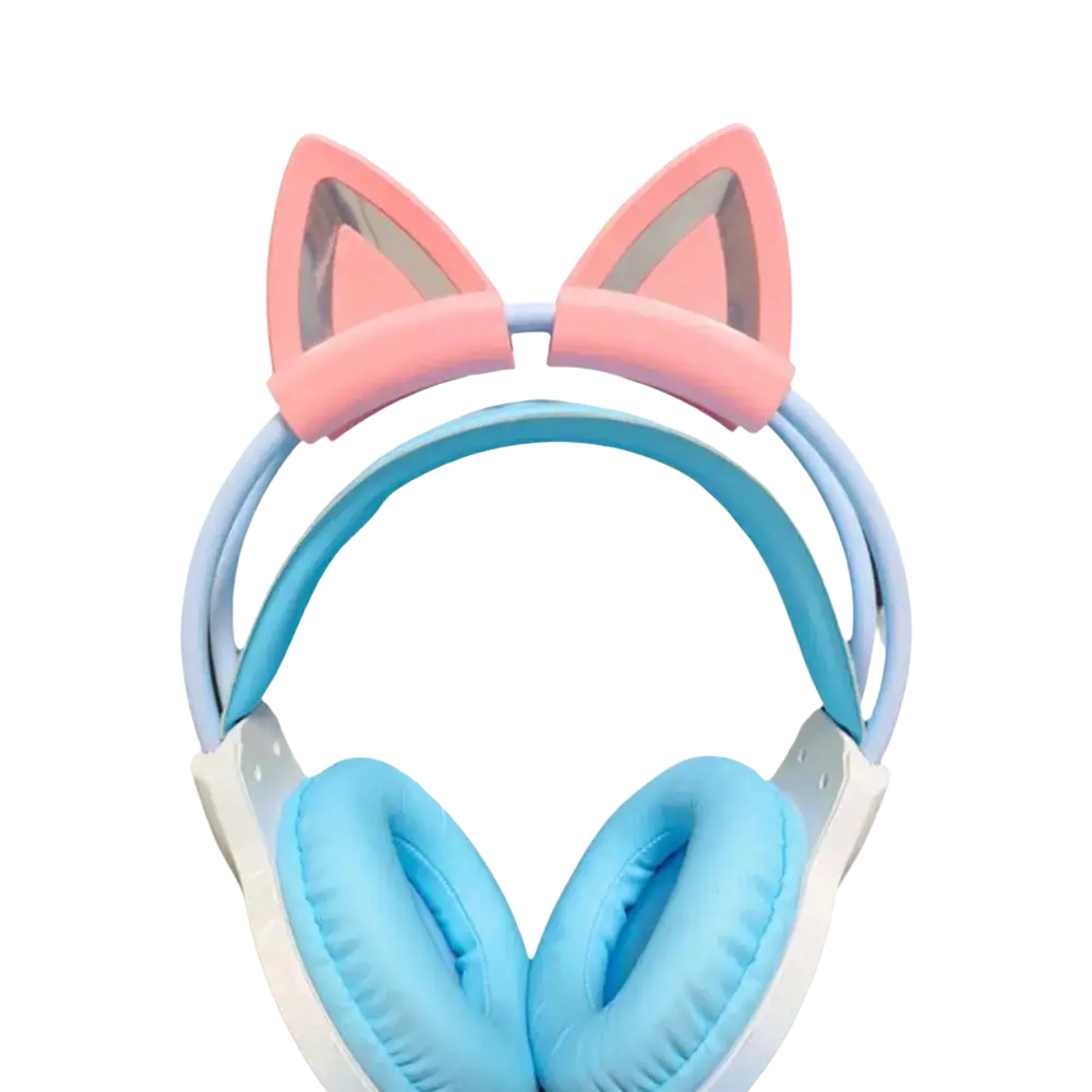 Pastel pink and light blue silicone cat ear headset attachments with soft cushioned ear cups for comfortable wear