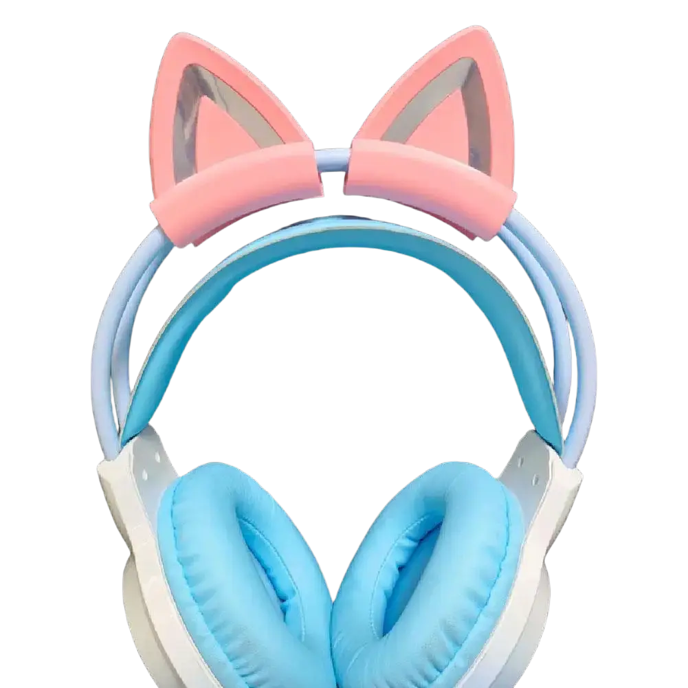 Pastel pink and light blue silicone cat ear headset attachments with soft cushioned ear cups for comfortable wear