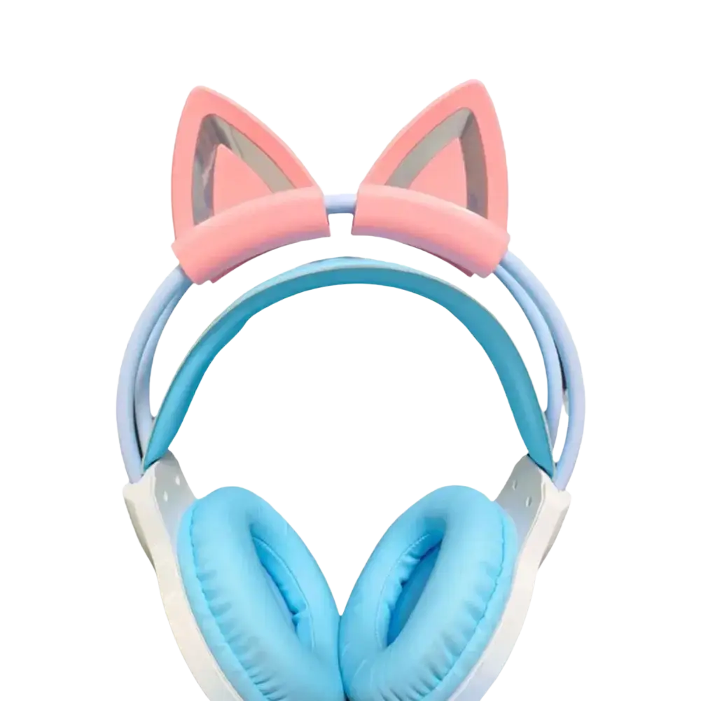 Pastel pink and light blue silicone cat ear headset attachments with soft cushioned ear cups for comfortable wear