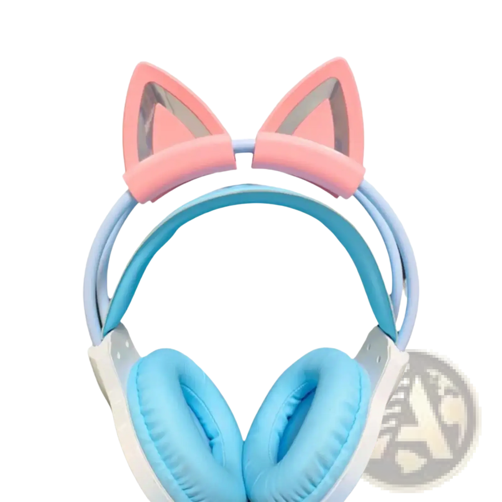 Pastel pink and light blue silicone cat ear headset attachments with soft cushioned ear cups for comfortable wear
