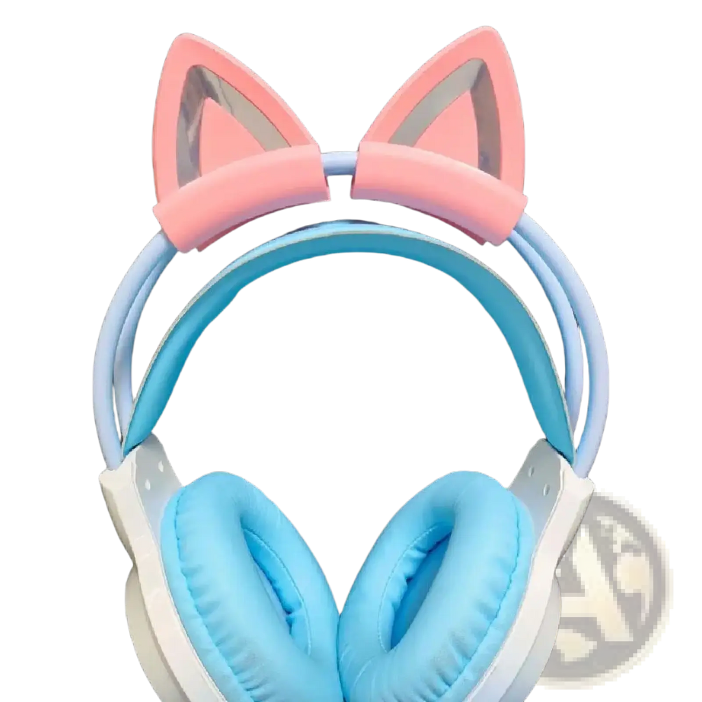 Pastel pink and light blue silicone cat ear headset attachments with soft cushioned ear cups for comfortable wear
