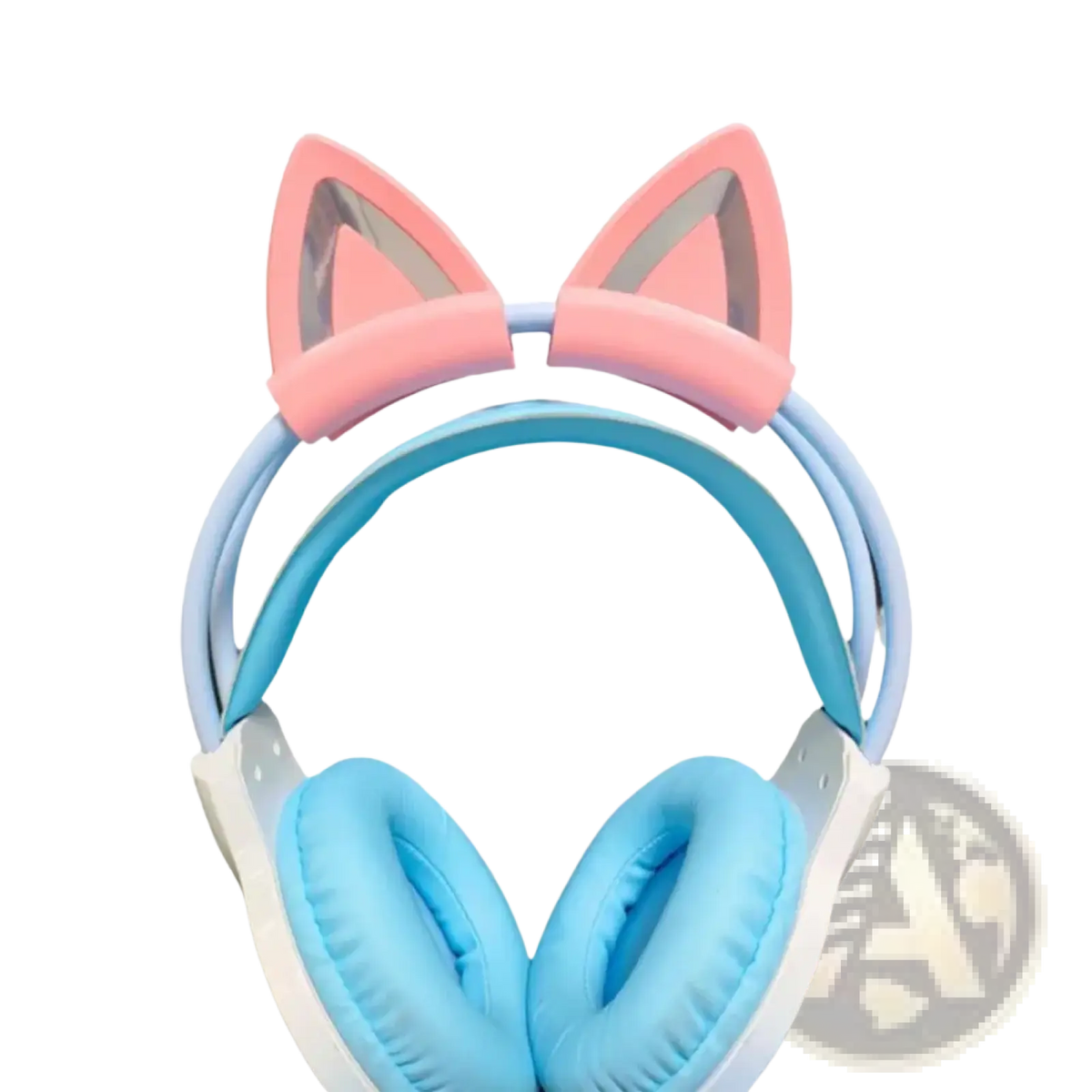 Pastel pink and light blue silicone cat ear headset attachments with soft cushioned ear cups for comfortable wear