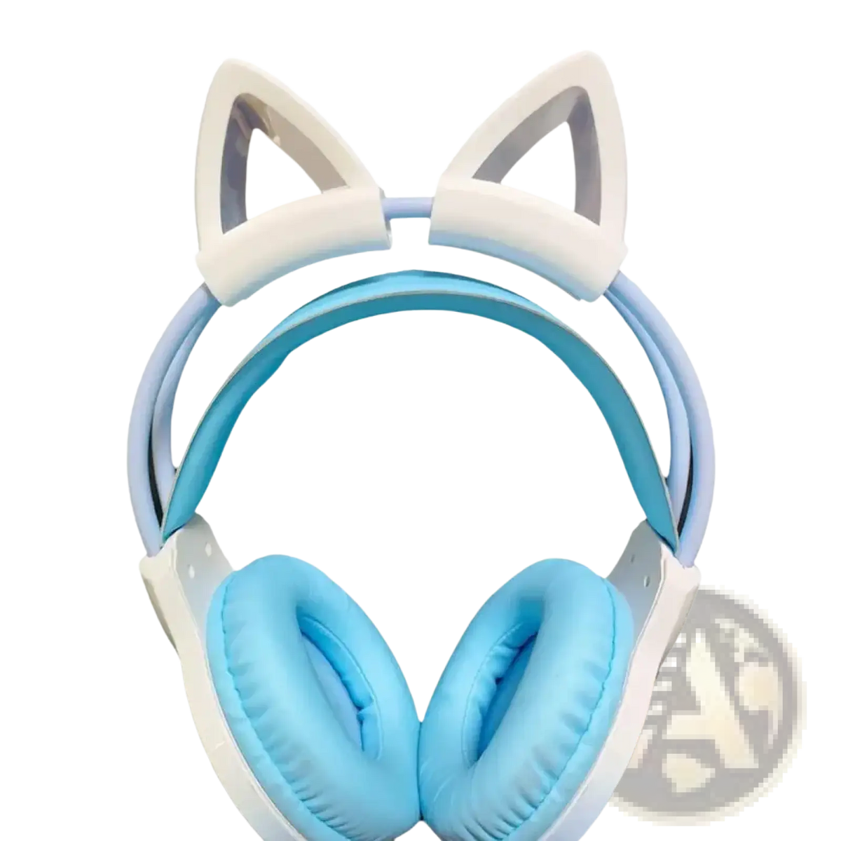 Light blue and white silicone cat ear headset attachments with soft padded ear cups for comfortable audio use
