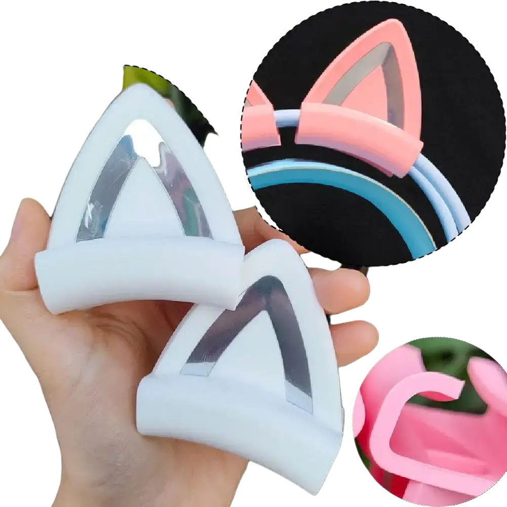 White silicone cat ear headset attachments with reflective silver inner panels for decorative use