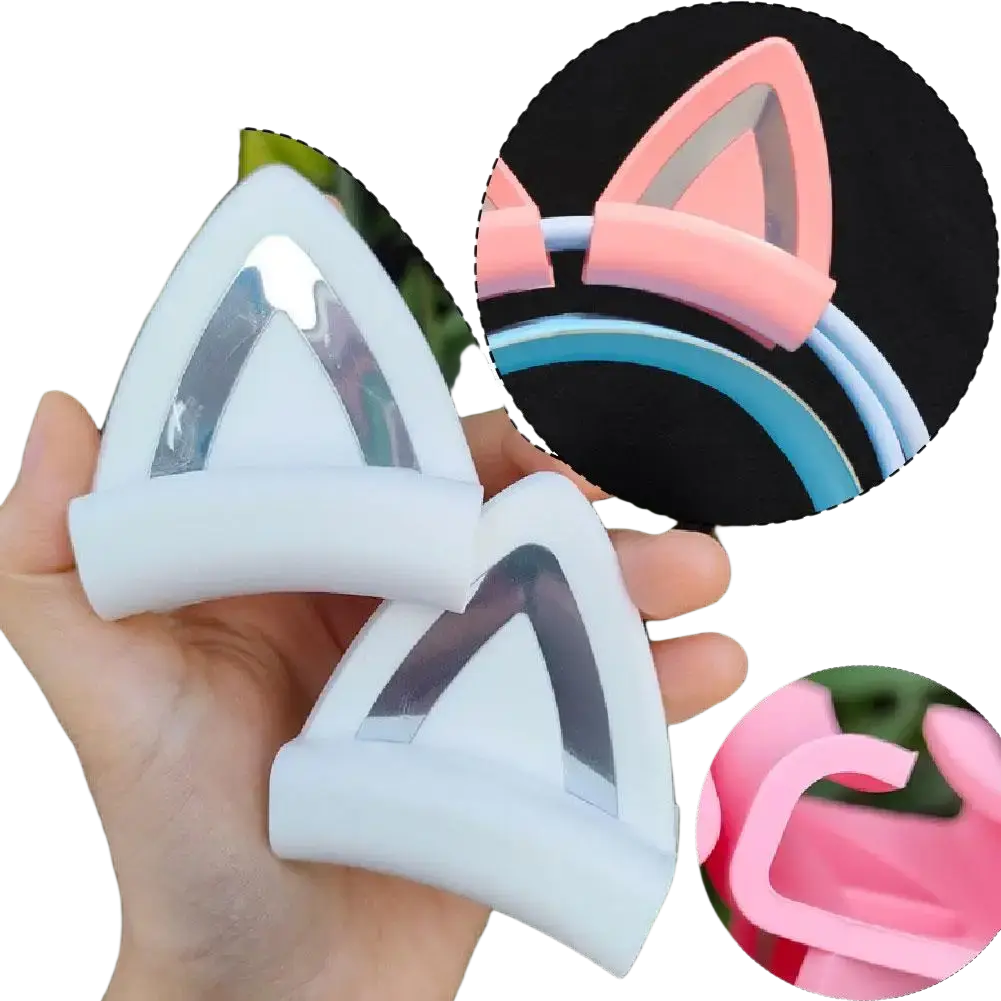 White silicone cat ear headset attachments with silver reflective inner panels designed as clip-on accessories