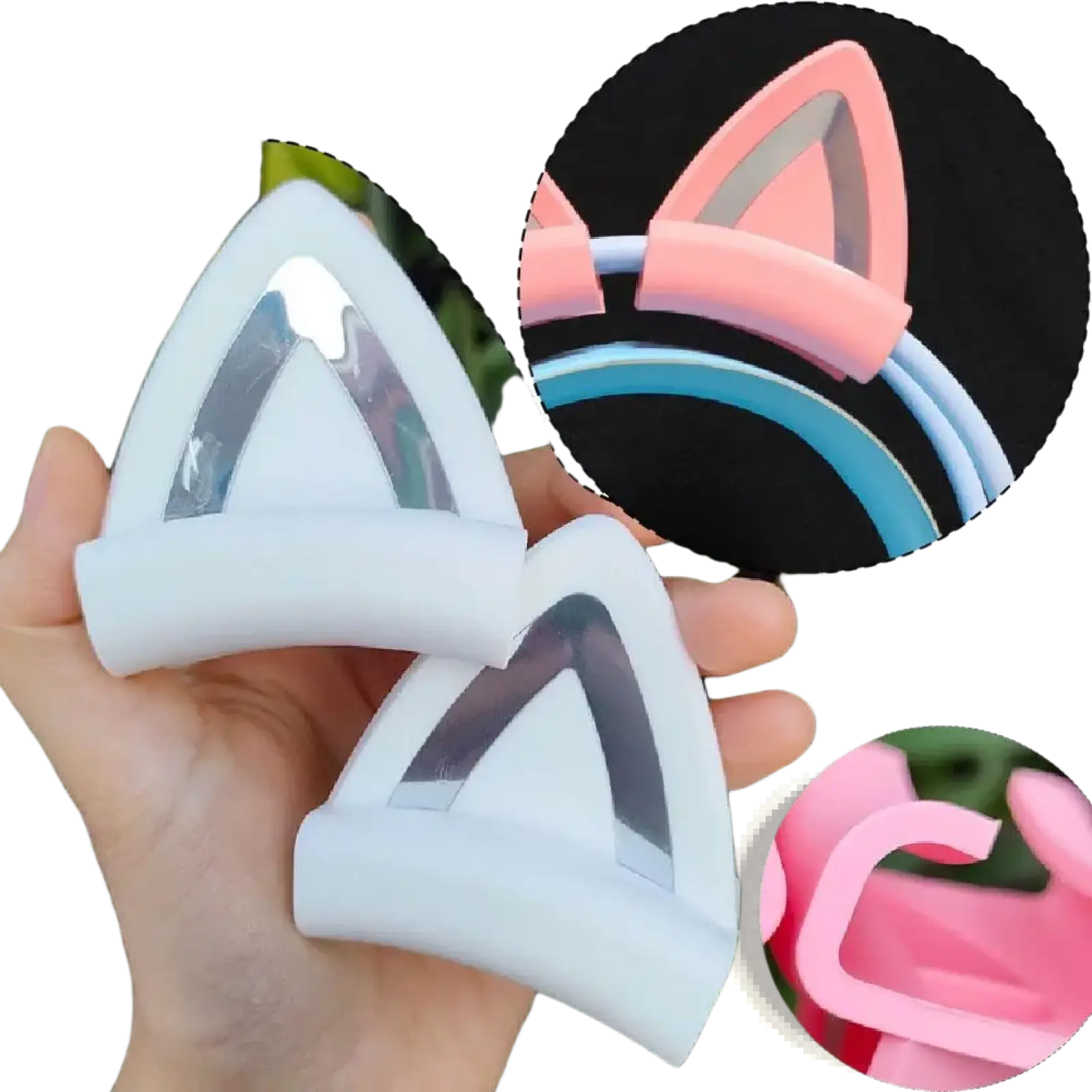 White silicone cat ear headset attachments with silver reflective inner panels designed as clip-on accessories
