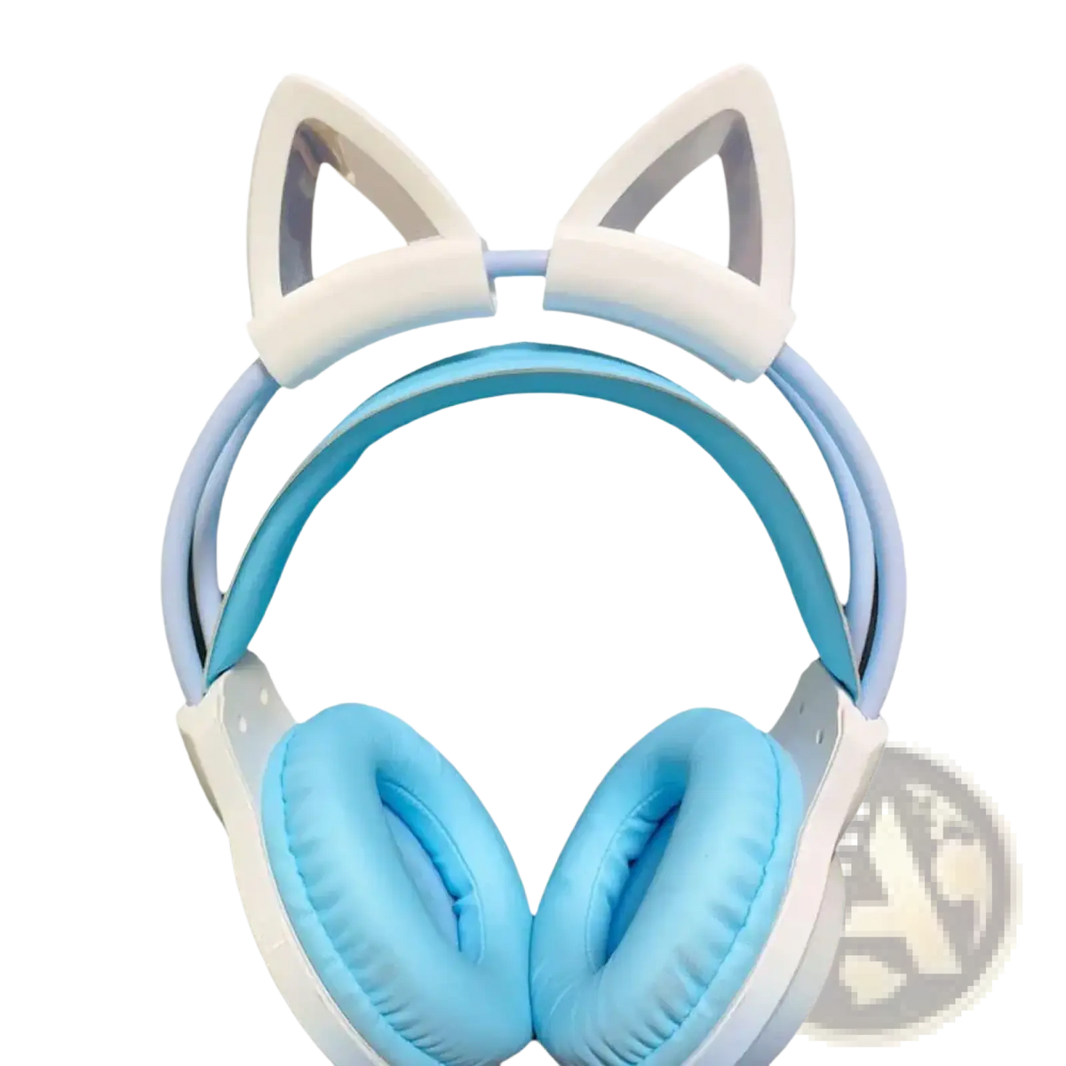 Light blue and white silicone cat ear headset attachments with soft padded earcups for comfortable wear