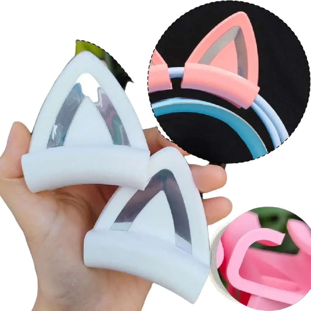 White silicone cat ear headset attachments with reflective silver inner panels for decorative use