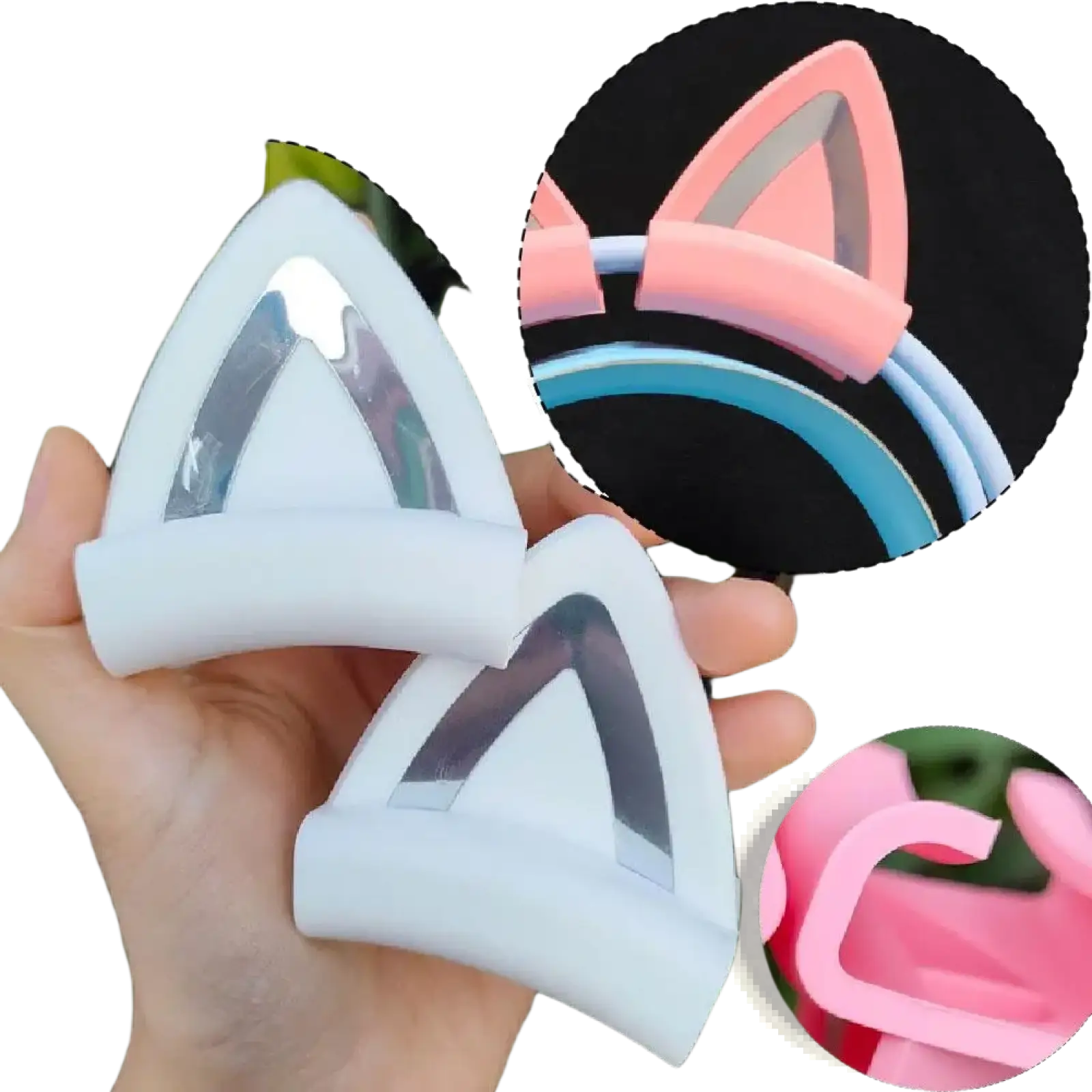 White silicone cat ear headset attachments with reflective silver inner panels for decorative use