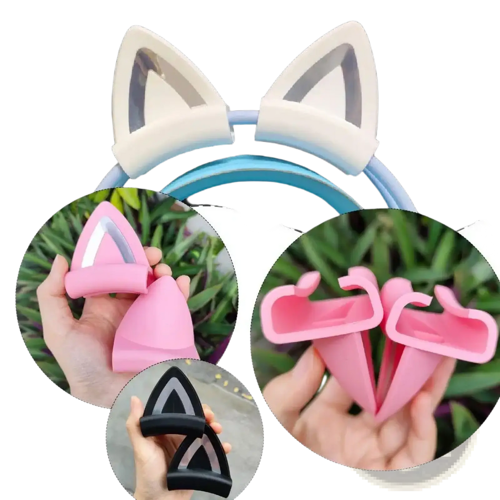 Silicone cat ear headset attachments in white pink and black with clear triangular inserts made of silicone