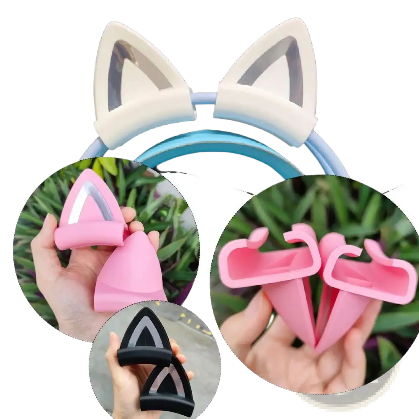 Silicone cat ear headset attachments in white pink and black with clear triangular inserts made of silicone