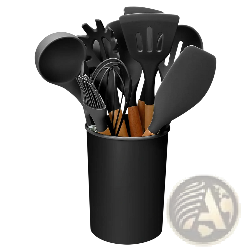 Silicone cooking utensil set 11pc with black silicone coating and wooden handles neatly arranged in black holder
