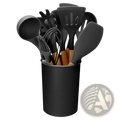 Silicone cooking utensil set 11pc with black silicone coating and wooden handles neatly arranged in black holder