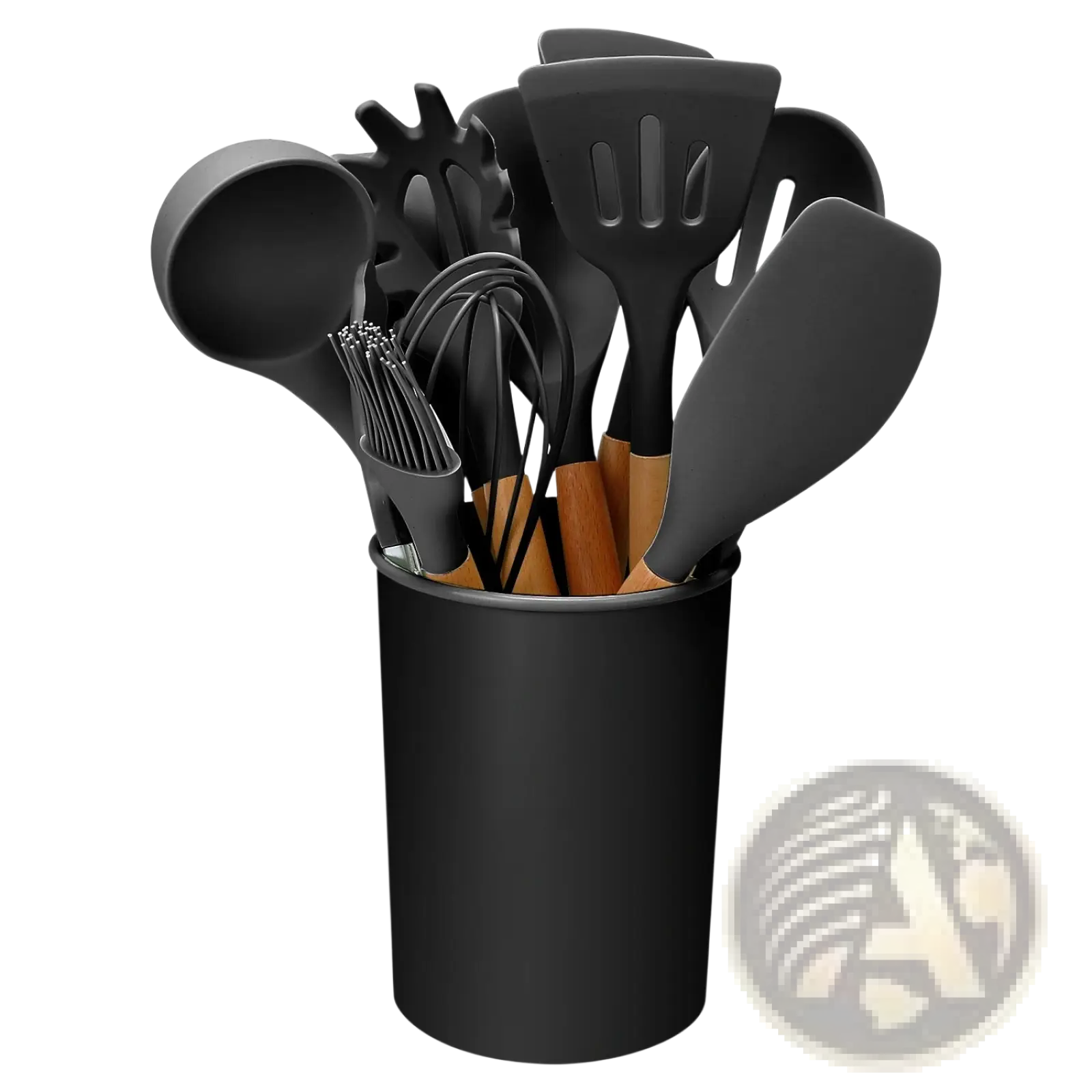Silicone cooking utensil set 11pc with black silicone coating and wooden handles neatly arranged in black holder
