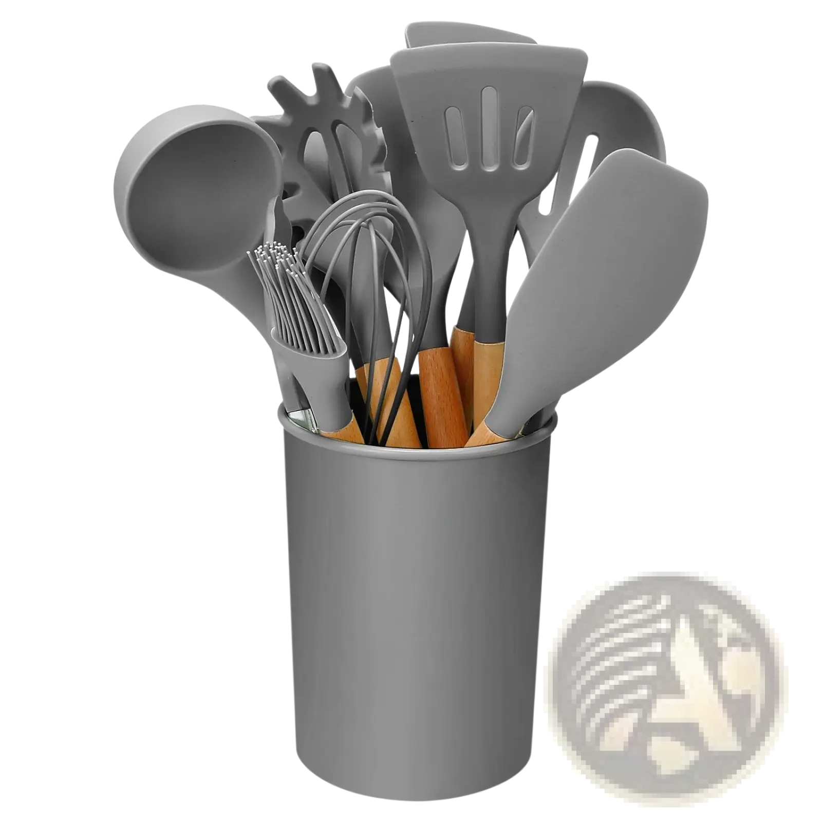 Gray silicone cooking utensil set 11pc with wood handles neatly arranged in matching gray cylindrical container