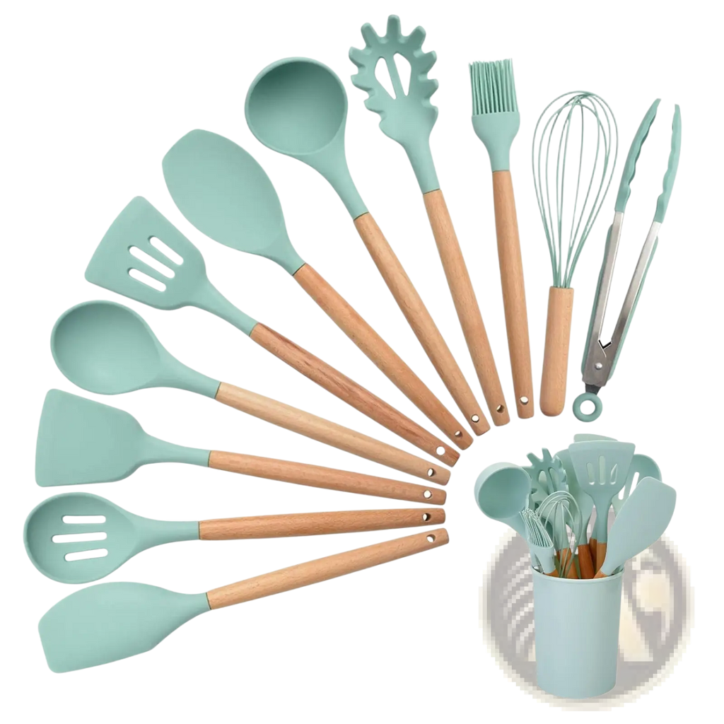 Set of 11-piece silicone cooking utensils with wood handles in mint green made from food-grade heat-resistant materials