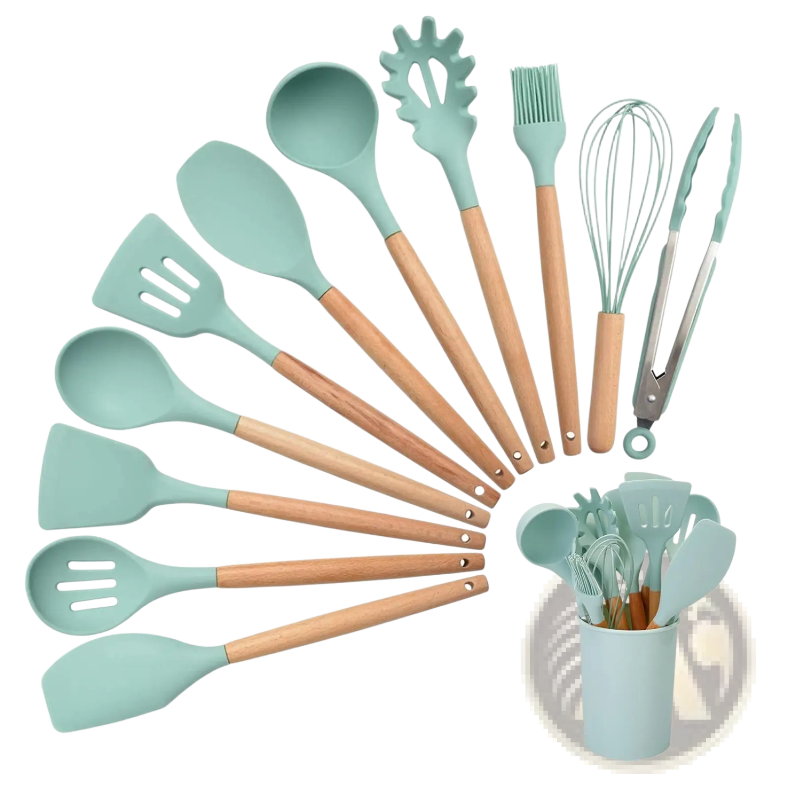 Set of 11-piece silicone cooking utensils with wood handles in mint green made from food-grade heat-resistant materials
