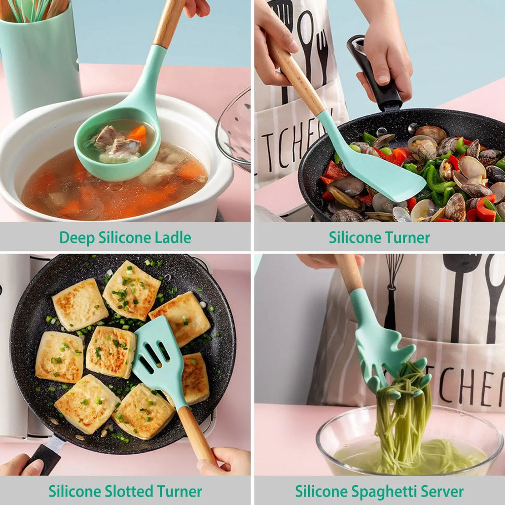 Light blue silicone cooking utensil set with wooden handles featuring 11 pieces for versatile kitchen use