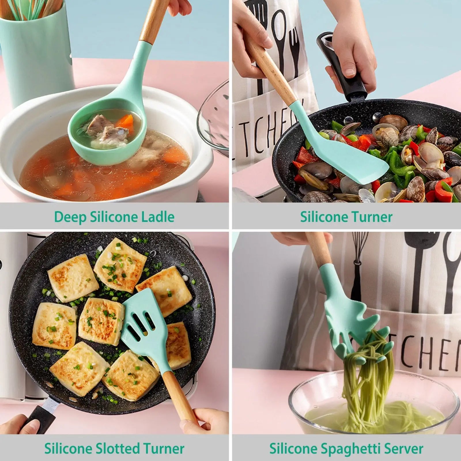 Light blue silicone cooking utensil set with wooden handles featuring 11 pieces for versatile kitchen use