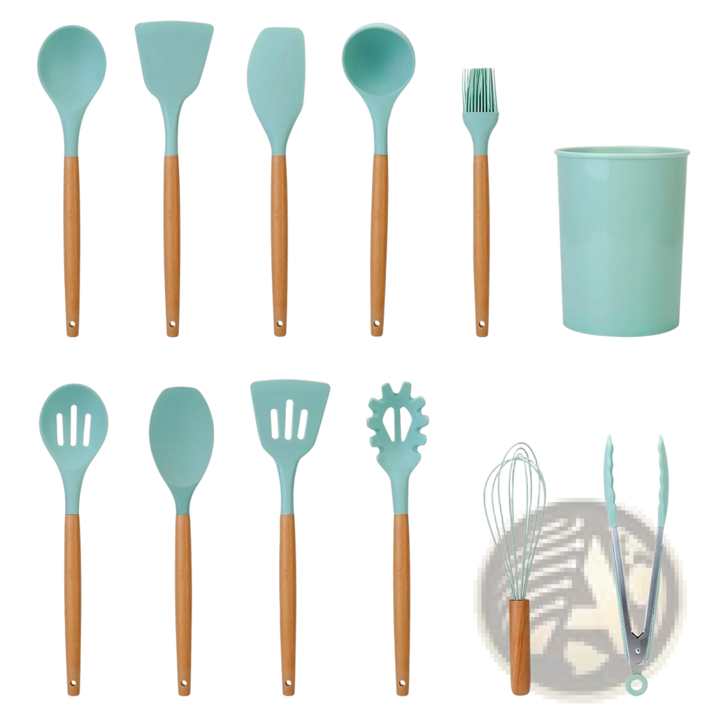 A silicone cooking utensil set 11pc with teal silicone coating and wood handles including spoons spatulas brush and tongs
