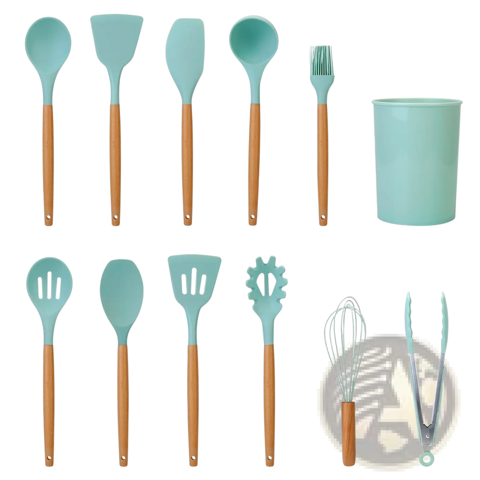 A silicone cooking utensil set 11pc with teal silicone coating and wood handles including spoons spatulas brush and tongs
