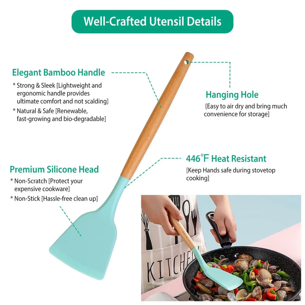 Light blue silicone spatula with bamboo handle from silicone cooking utensil set 11pc with wood handles