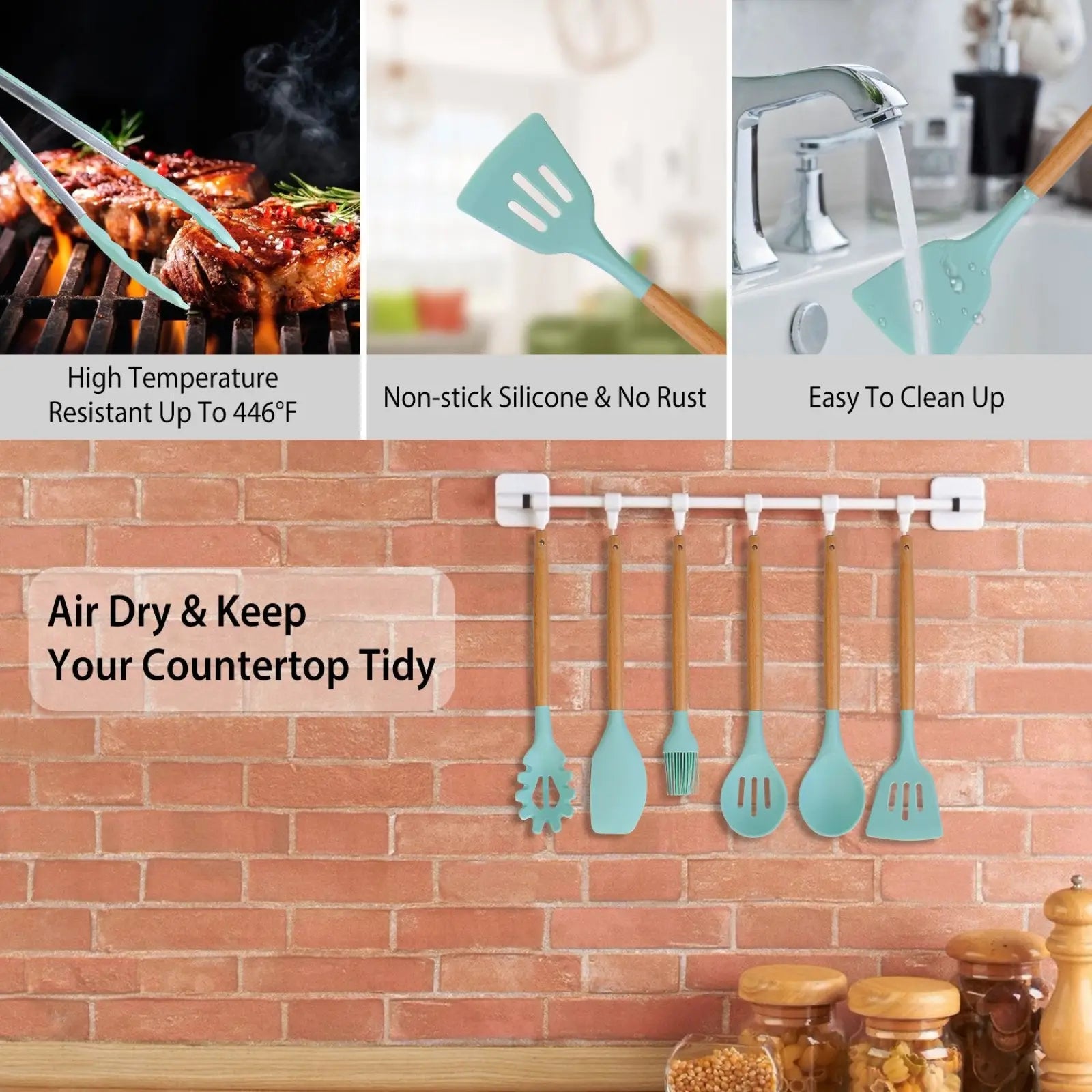 Set of five turquoise silicone cooking utensils with wooden handles designed for high-temperature resistance and easy cleanup