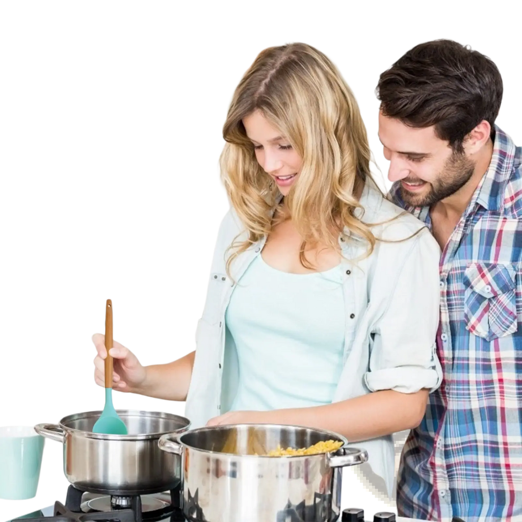 A woman holding a teal silicone spatula with a wooden handle from an 11-piece silicone cooking utensil set