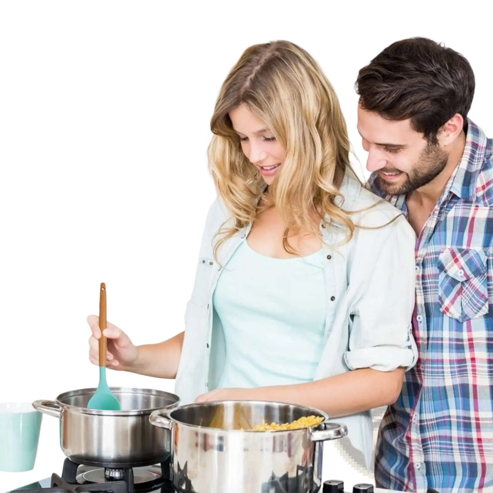 A woman holding a teal silicone spatula with a wooden handle from an 11-piece silicone cooking utensil set