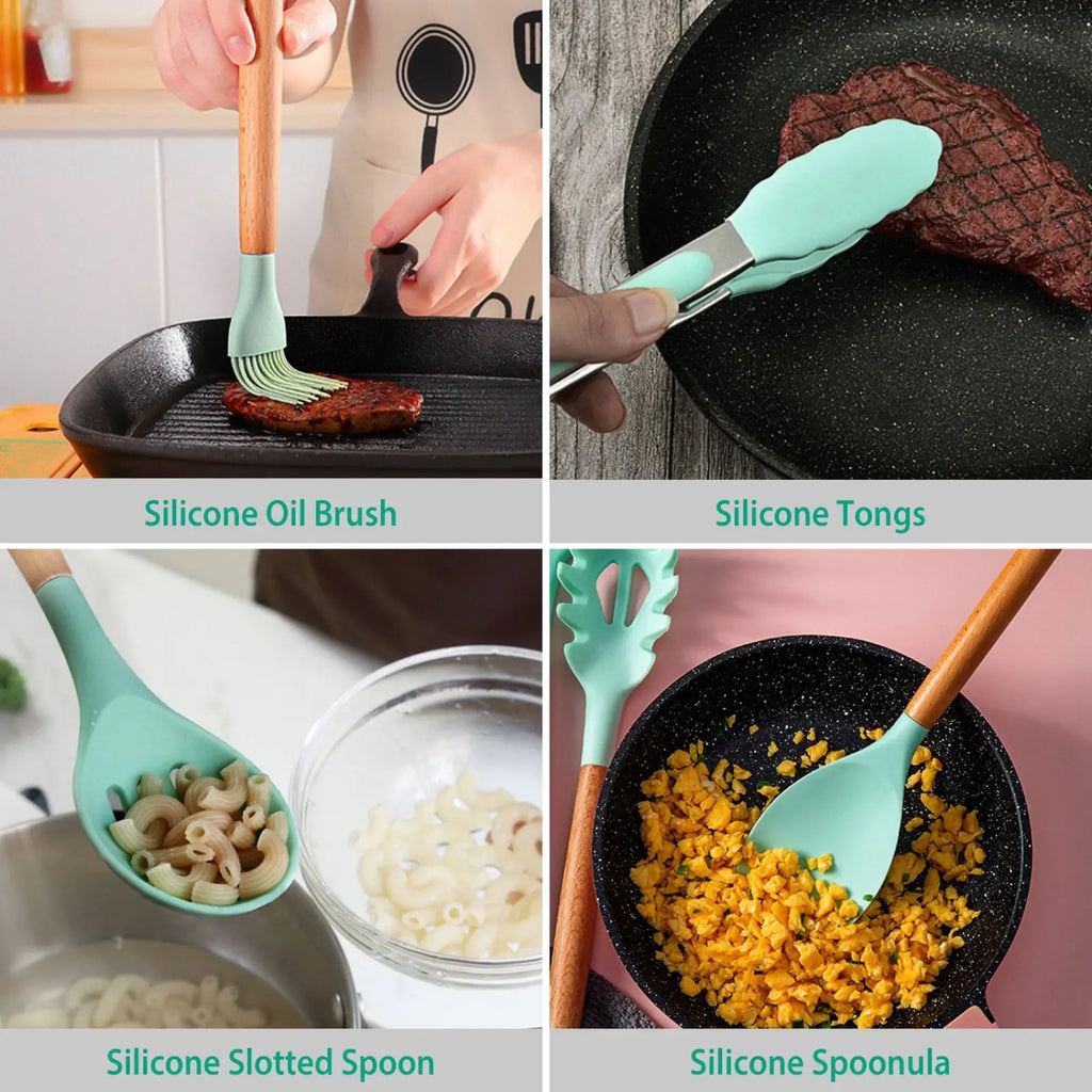 Set of four teal silicone cooking utensils with wood handles including oil brush tongs slotted spoon and spoonula