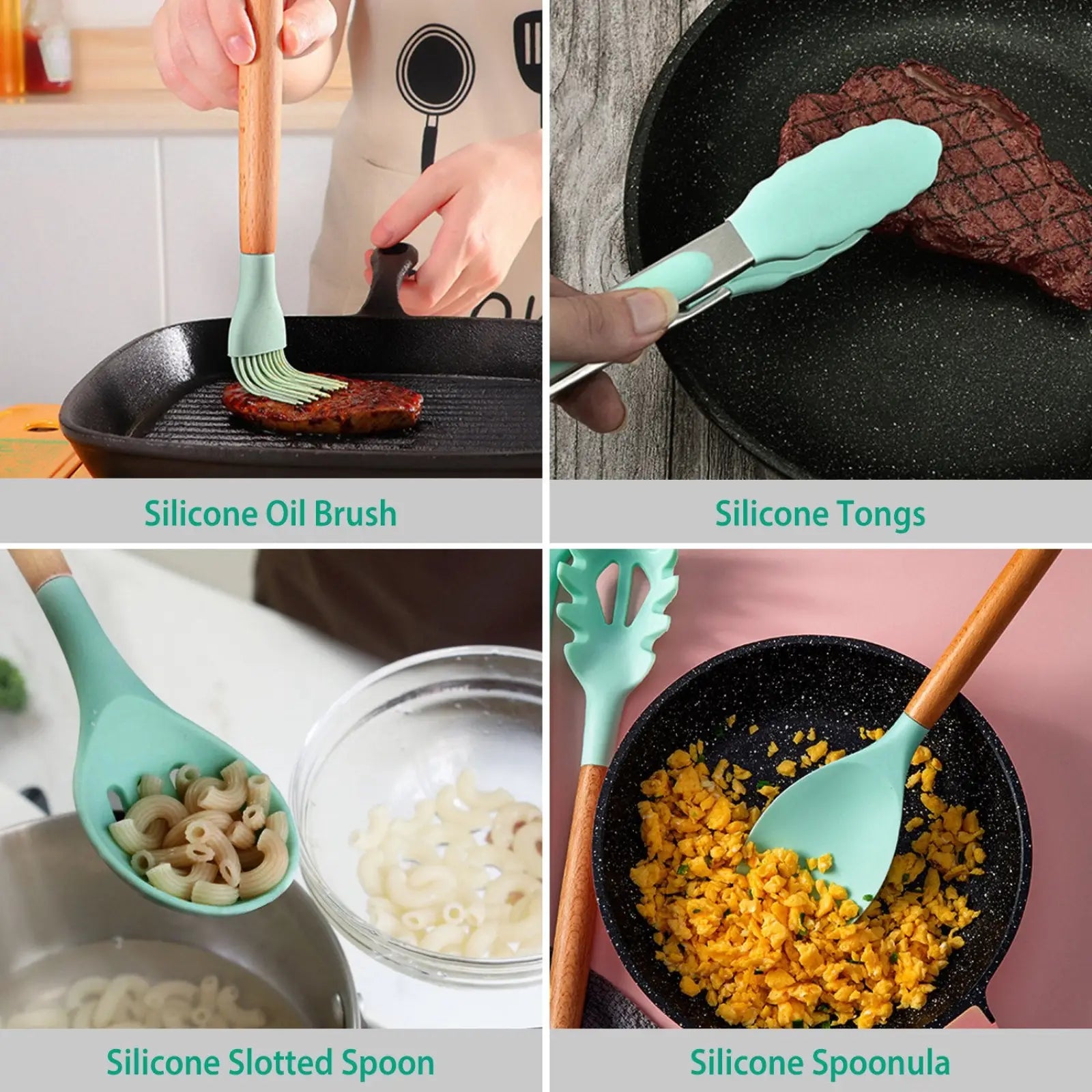 Set of four teal silicone cooking utensils with wood handles including oil brush tongs slotted spoon and spoonula