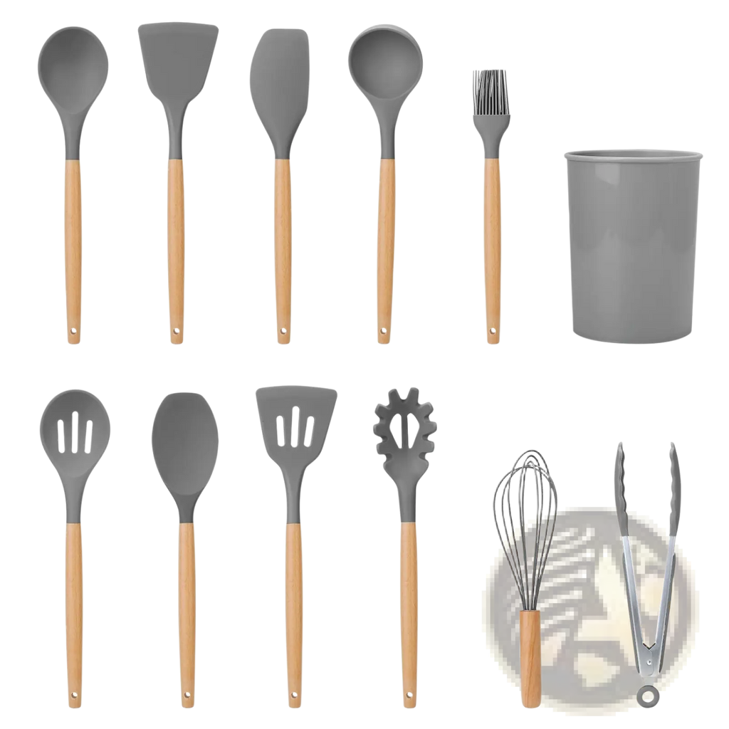 Gray silicone cooking utensil set 11pc with wood handles including spoons spatulas brush and tongs for kitchen use