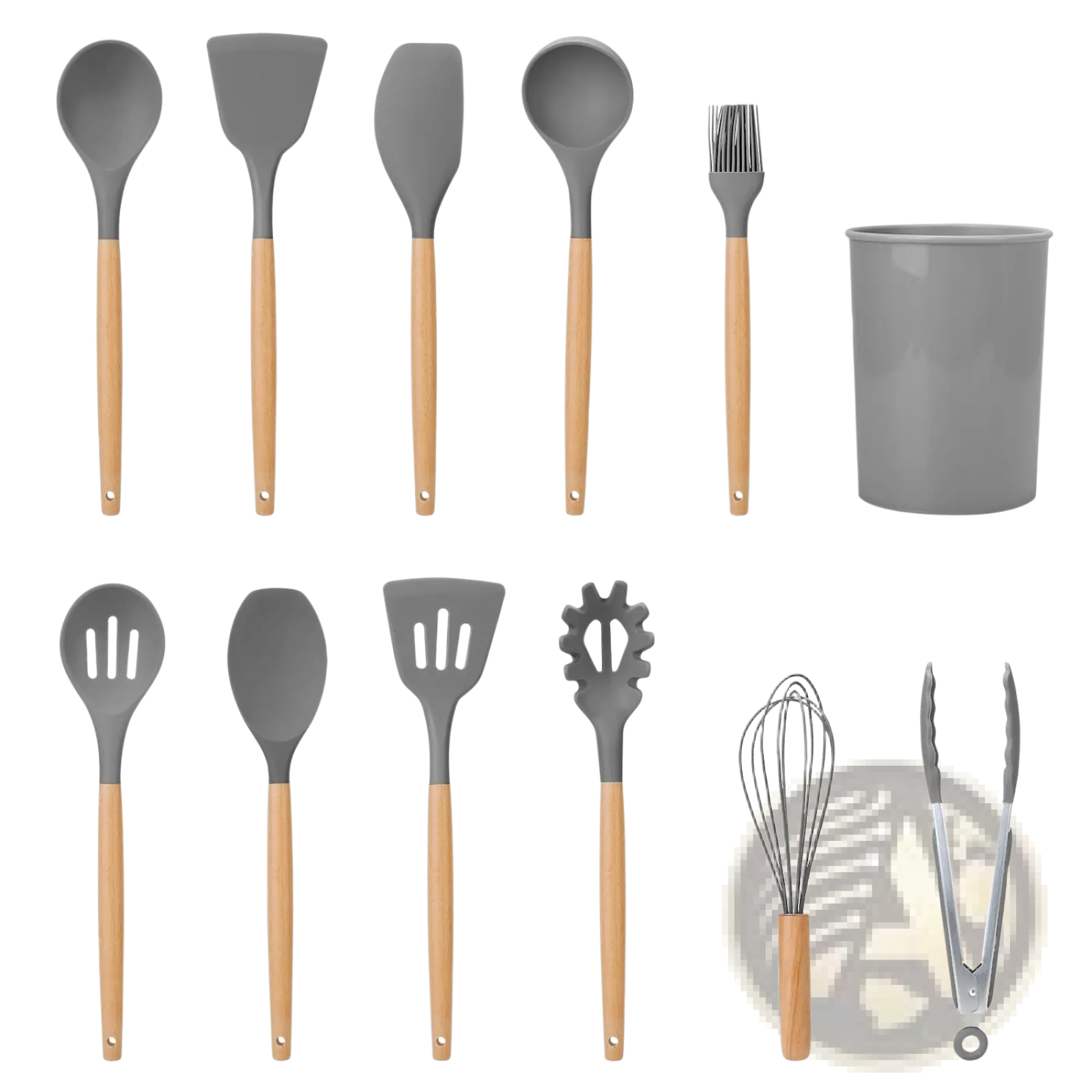 Gray silicone cooking utensil set 11pc with wood handles including spoons spatulas brush and tongs for kitchen use