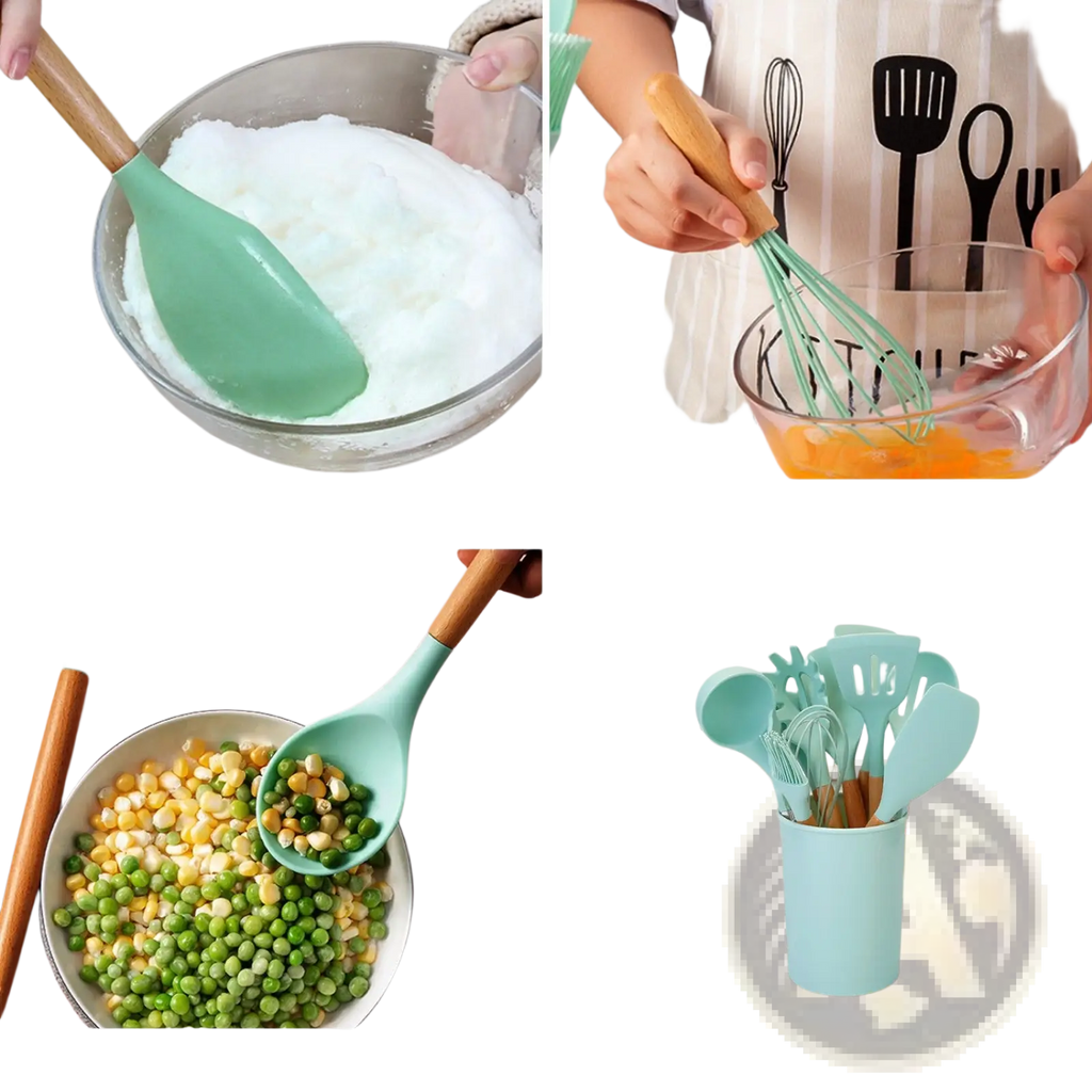 Light blue silicone cooking utensils with wooden handles set of 11 pieces for kitchen use