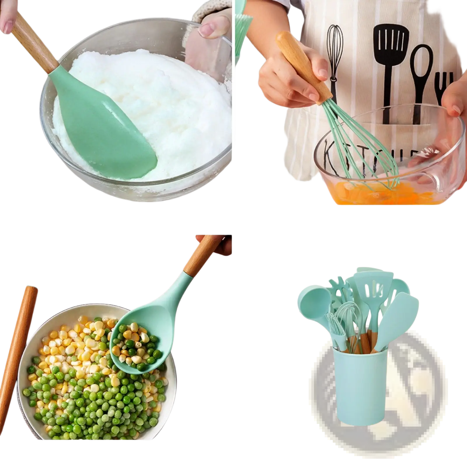 Light blue silicone cooking utensils with wooden handles set of 11 pieces for kitchen use
