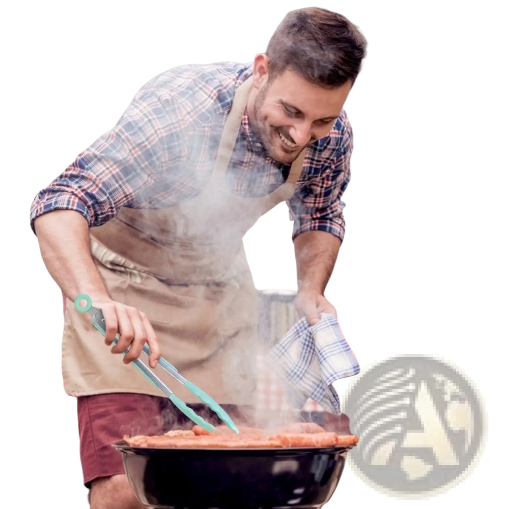 A man grills meat outdoors using turquoise silicone cooking tongs from an 11pc utensil set with wood handles