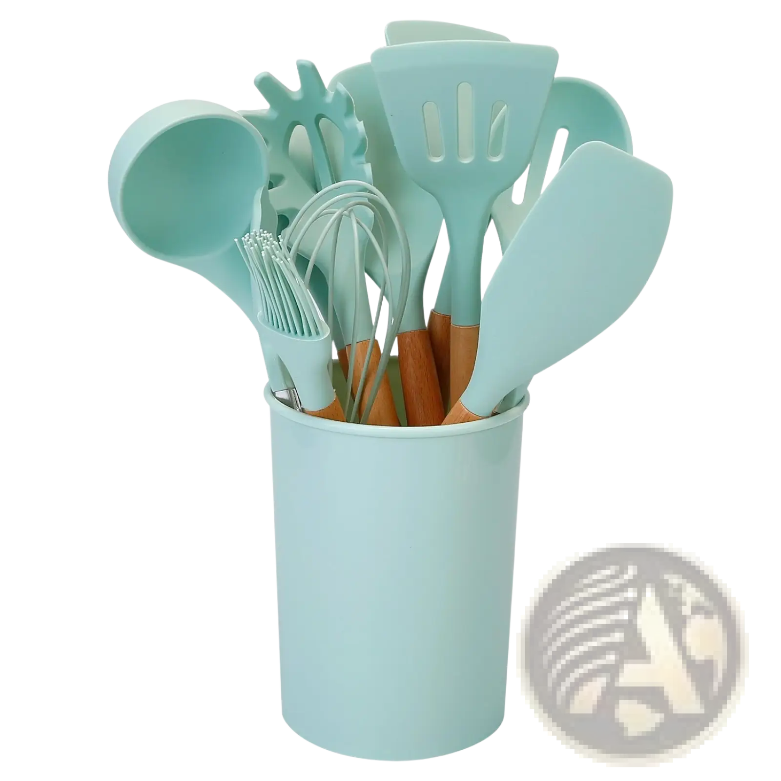 Mint green silicone cooking utensil set 11pc with wooden handles in a matching cylindrical container